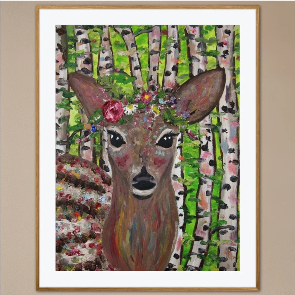 Forest Fawn Flower Crown Art Print Oil Painting Woodland Animal Boho Home Decor